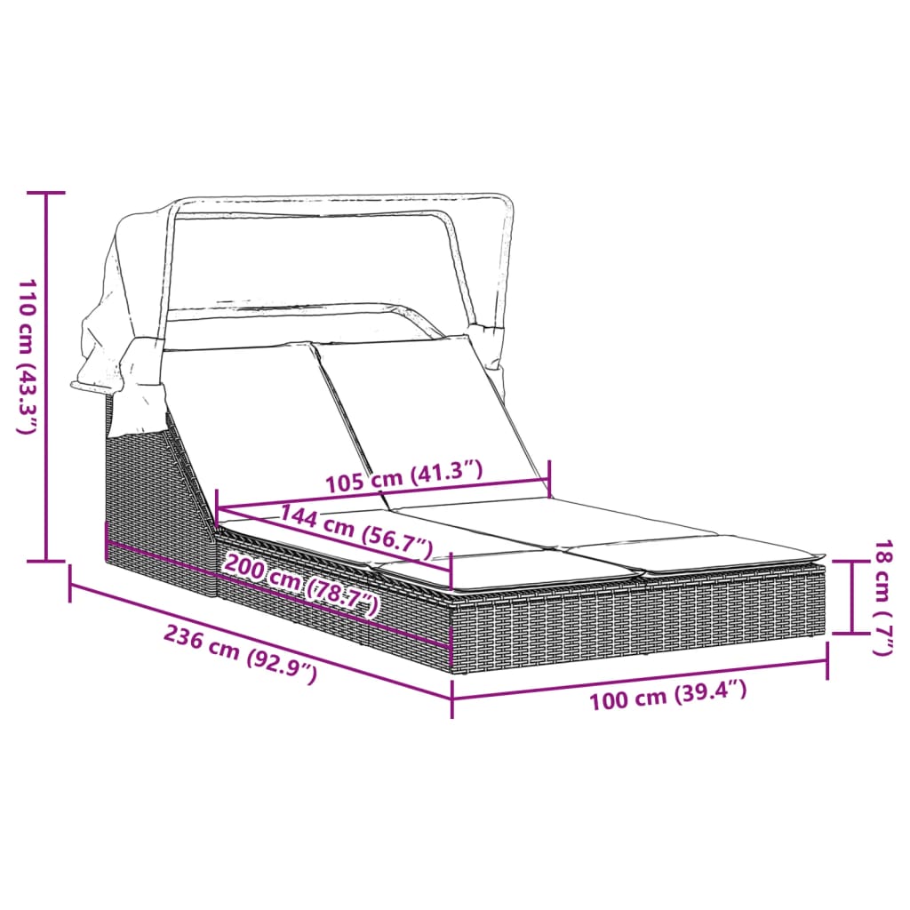 Vidaxl Doppelliege mit Dach und Kissen, Grau, Polyrattan