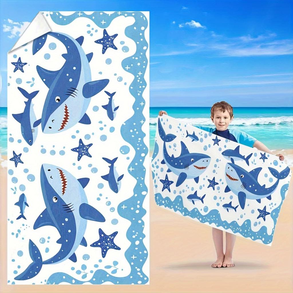 Absorbent Ultra-Soft Ocean Shark Pattern Flat Print Quick-Dry Microfiber Beach Towel Kids Swim Pool Towel