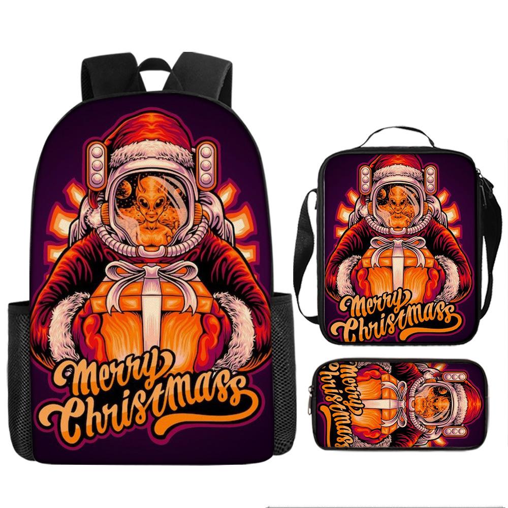 Santa Claus Christmas Tree Backpack Elementary School Bag Large Capacity Leisure Bag Lunch Bag Pencil Bag Three-piece Set