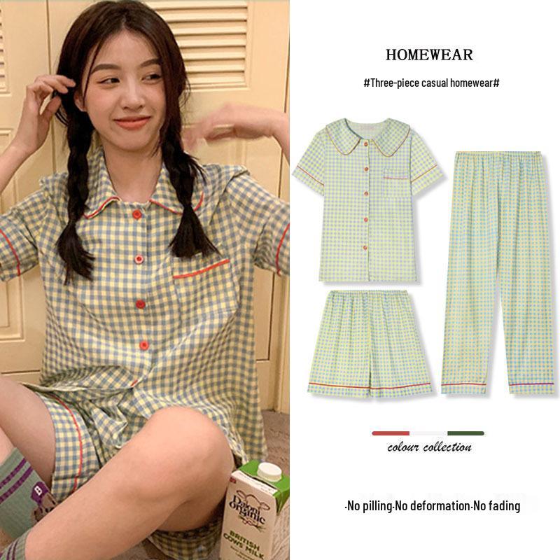 

Women s Plaid Pajama Set: Summer Cardigan, Short Sleeve, Shorts & Long Pants for Indoor and Outdoor Wear Medium