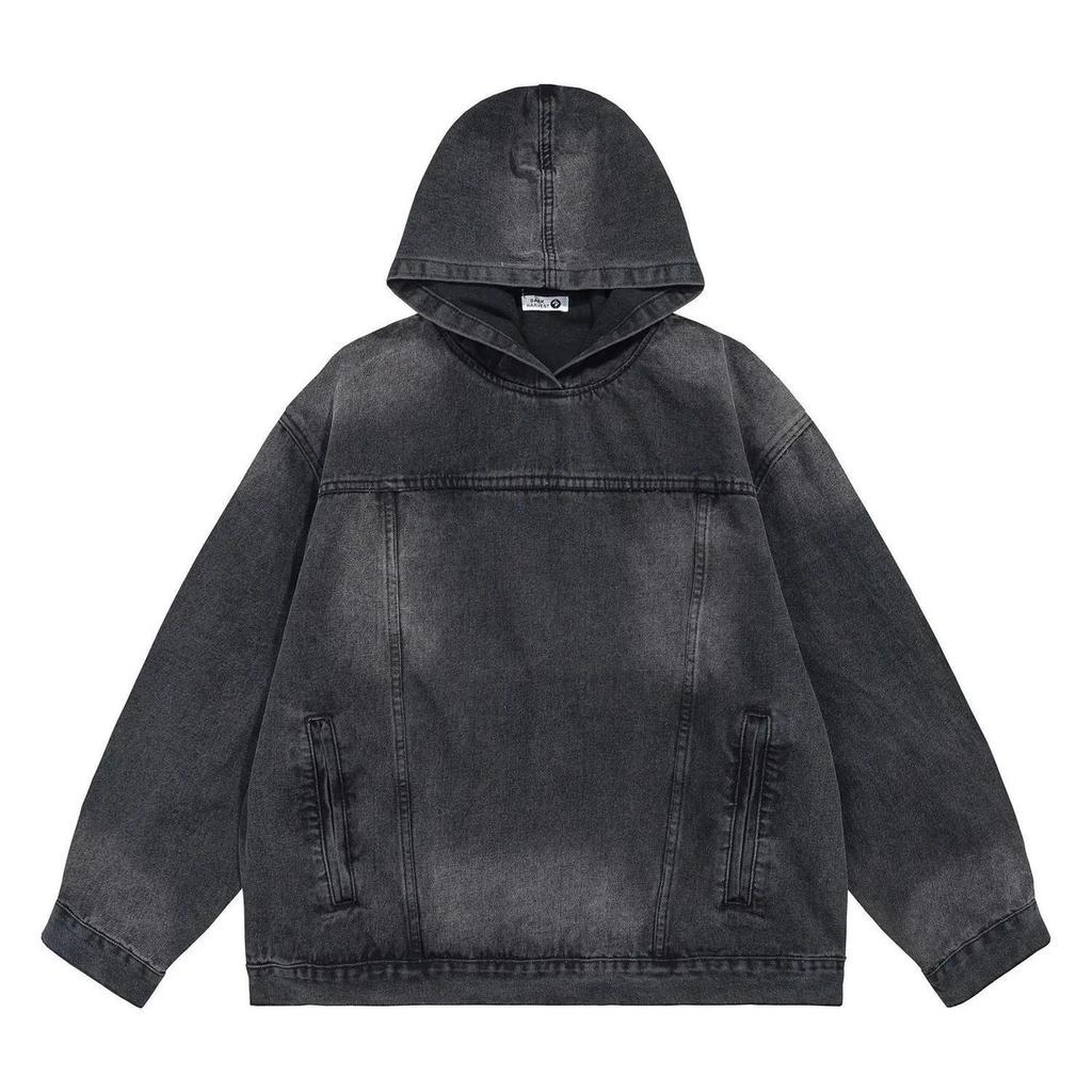 Women's Washed Vintage Hooded Denim Sweatshirt Teenager Long Sleeve Loose Pullover Top