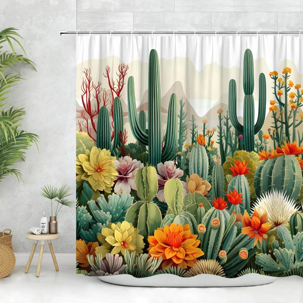 Cactus Shower Curtain, Tropical Plant Flower Desert Greenery Greenery Watercolor Succulent Farm Polyester Fabric Bathroom Deco