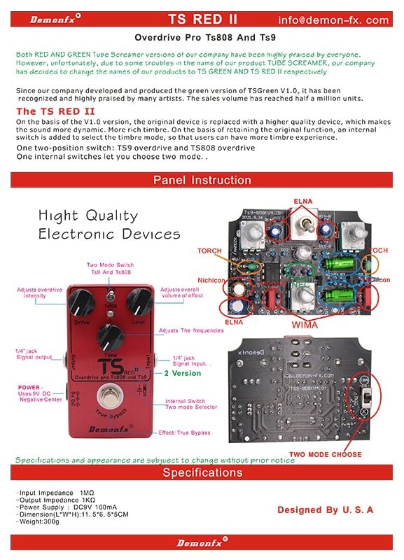 Demonfx TS Overdrive Guitar Effect RED/OverDrive TS-style