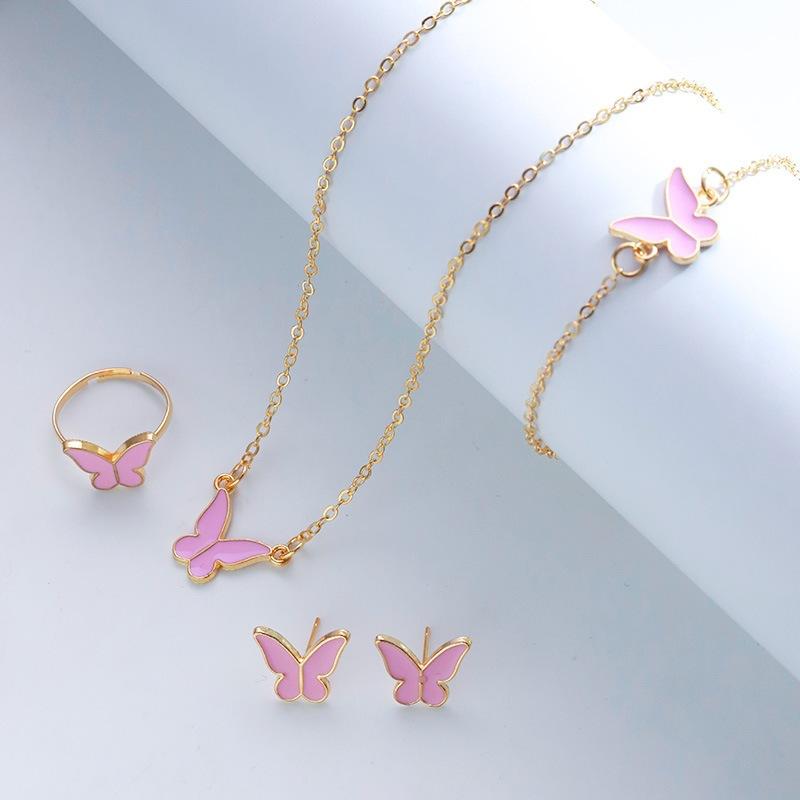 Fashion European American Style Butterfly Enamel Jewelry Four Piece Set For Women