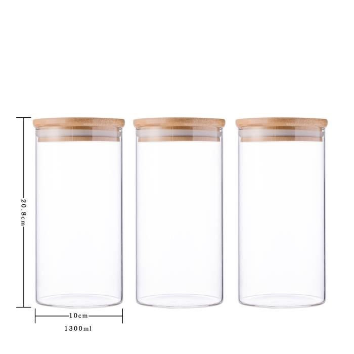 3x1300ml pots de rangement alimentaire conservation en verre borosilicate avec couvercle hermétique (10x20cm)