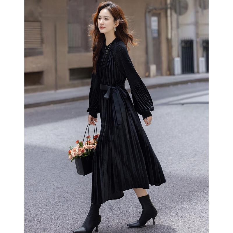 Demana Women's Winter Velvet Pleated A-Line Dress