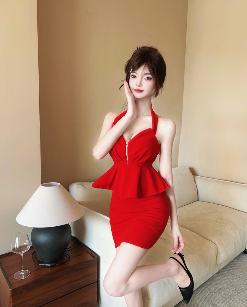 Spring and Summer Sexy Nightclub Women's Neck Low-cut Zipper Decorative Ruffle Leaf Edge Hip Wrap Short Slim Solid Color Dress