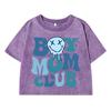 Boy Mom Club Smile Face Print Female Washed Short T-Shirt Fashion Street Retro Tops Summer Midriff-Baring Clothes