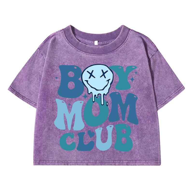 Boy Mom Club Smile Face Print Female Washed Short T-Shirt Fashion Street Retro Tops Summer Midriff-Baring Clothes