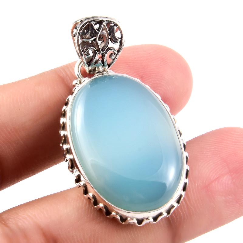 Natürlicher Aqua Chalcedon Edelstein 925 Sterling Silber Anhänger 1,7" I9l29