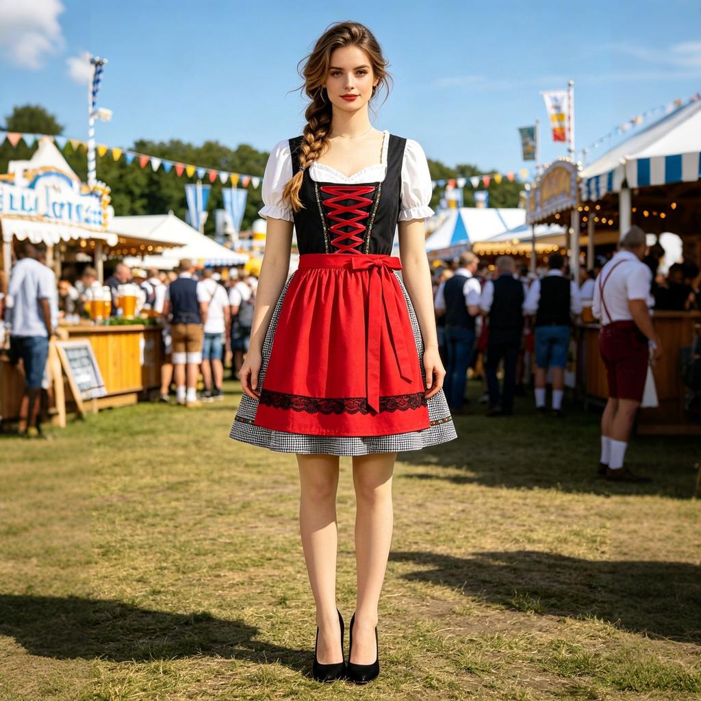 Traditional Oktoberfest Dress for Women Bavarian Beer Festival Costume with Apron Lace-Up Bodice and Puff Sleeves
