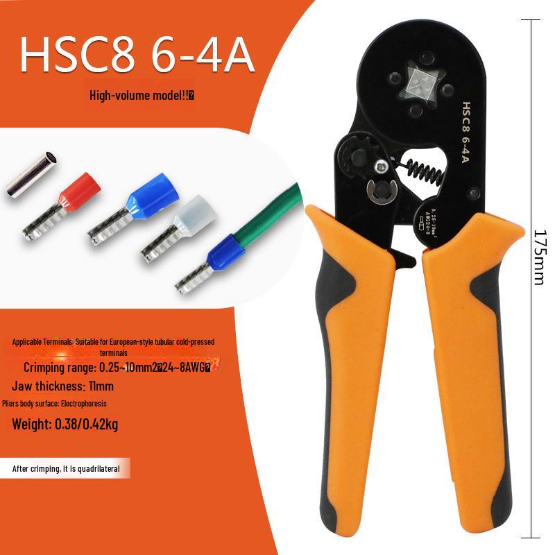 

HSC8 6-4A Self-Adjusting Crimping Tool for VE Tube Terminals, 0.25-10mm Range, Quadrilateral Crimping.