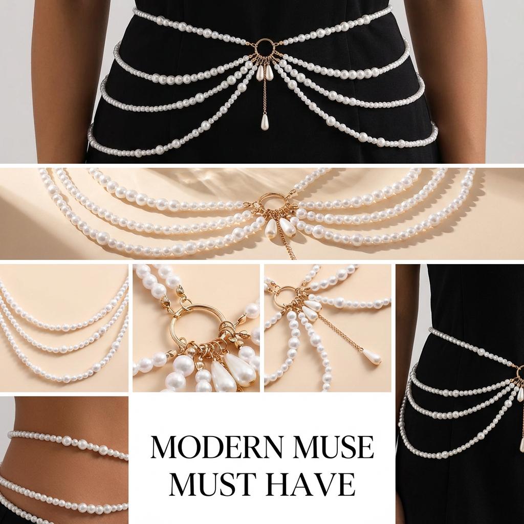 Boho Multilayer Pearl Waist Chain For Women Elegant Imitation Pearl Layered Belly Chains Summer Beach Party Bikini Body Jewelry