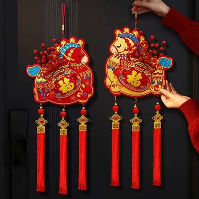 Flocking Chinese Lucky Character Pendants Handmade with Tassels Red Horse Hanging Ornament Blessing Traditional