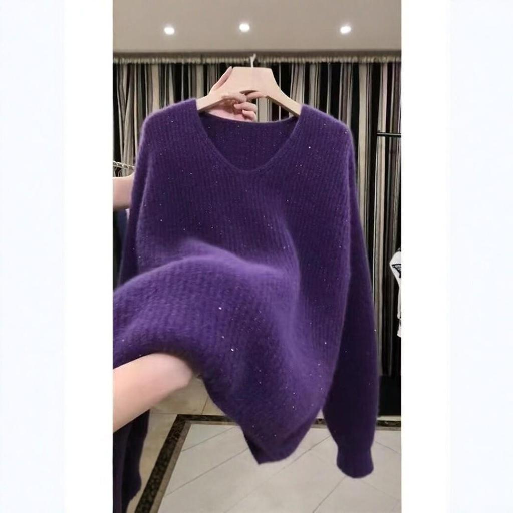 2026 Autumn Fine Glitter V-Neck Sequined Knitwear Sweater - Stylish Lazy Black Edition for Women