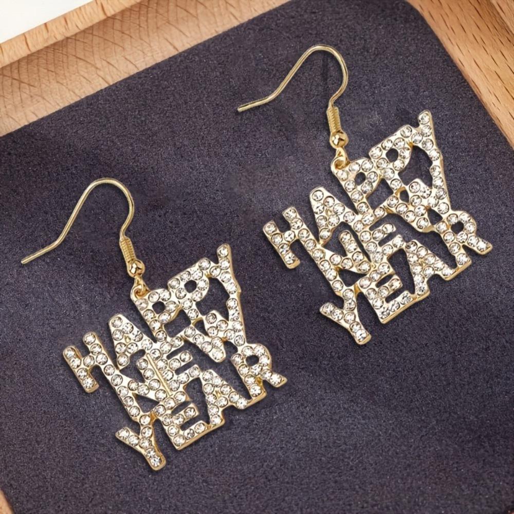 

Rhinestone Dangle Earrings Geometric Happy New Year Earring Luxury Hanging Earrings Ladies Style A Silver