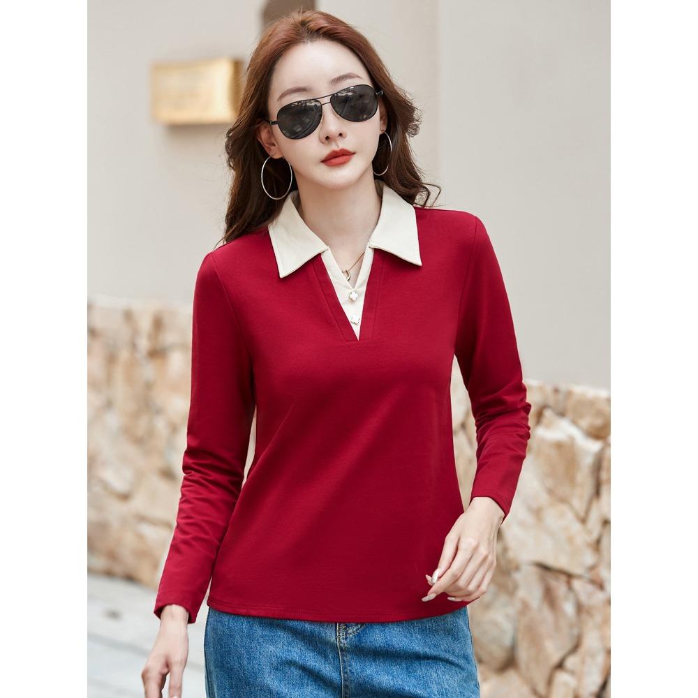 Autumn Winter Women's Long Sleeve T-Shirt Lapel Collar Casual Top