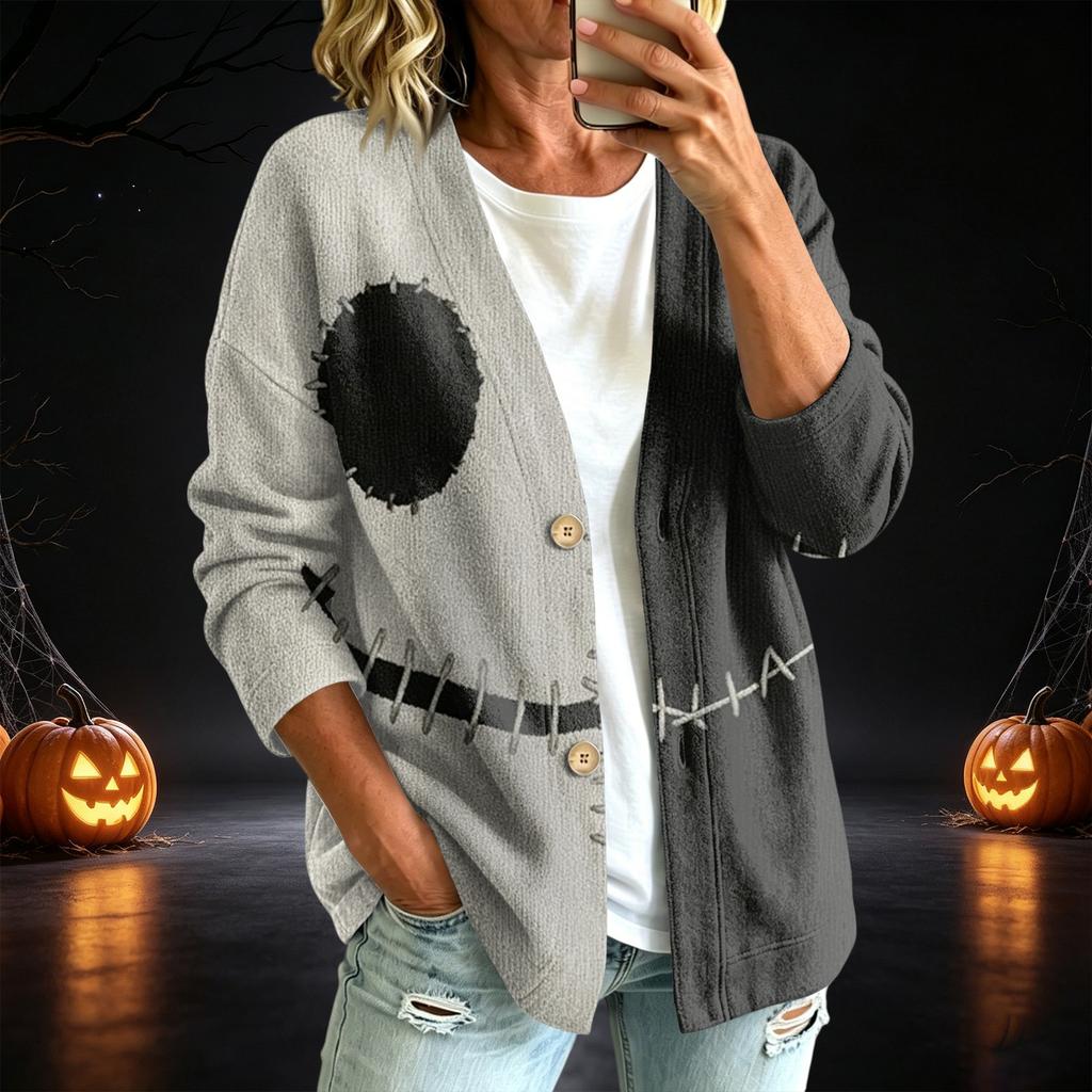 Women's Casual Button-Up Printed Jacket for Halloween Festival