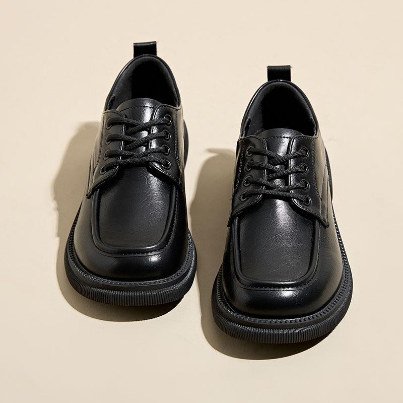 New black retro women's platform single shoes, soft-soled lace-up small leather shoes