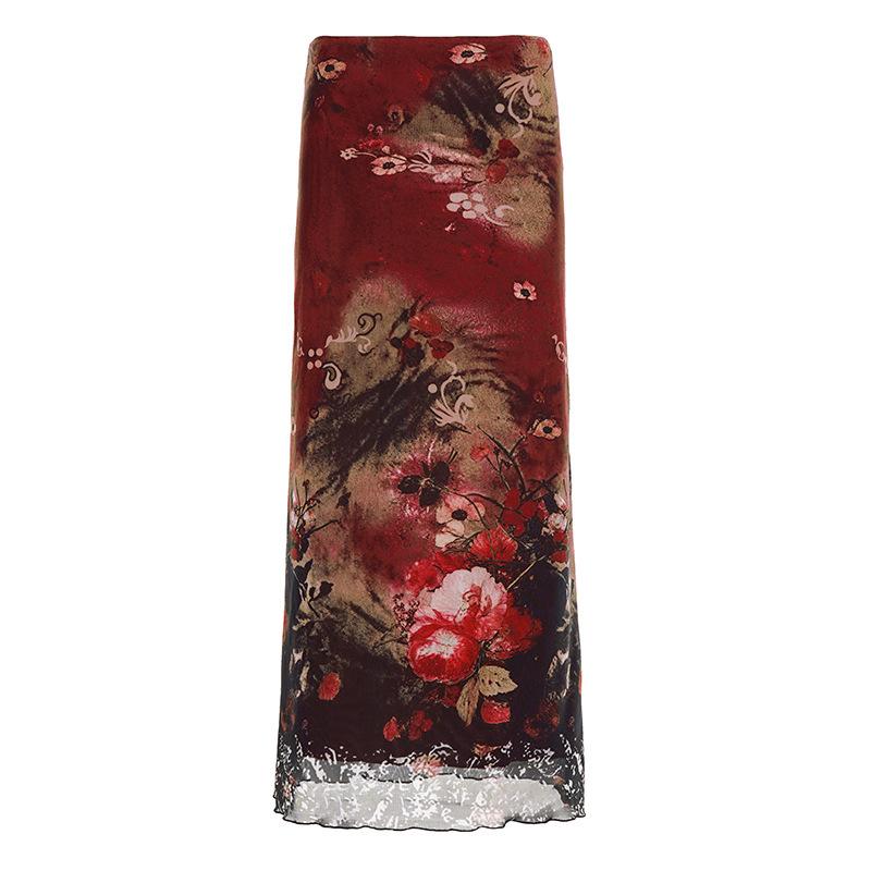 Retro Tie-Dye Mesh Patchwork High Waist A-Line Skirt Medium