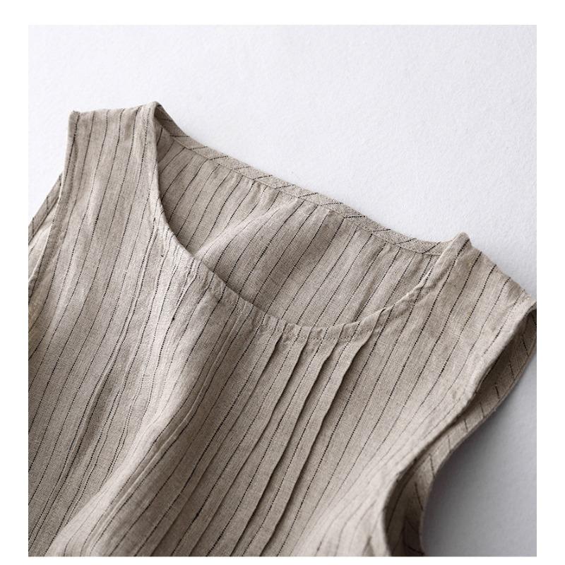 Plain Striped Loose Plus Size Women's New Pressed Pleated Literary Vest Dress