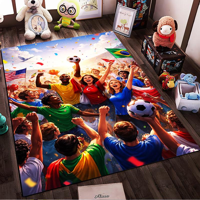 Soccer Celebration Carpet with Diverse Fans and Flags Design Suitable for use as an anti-slip for living room bedroom sofas