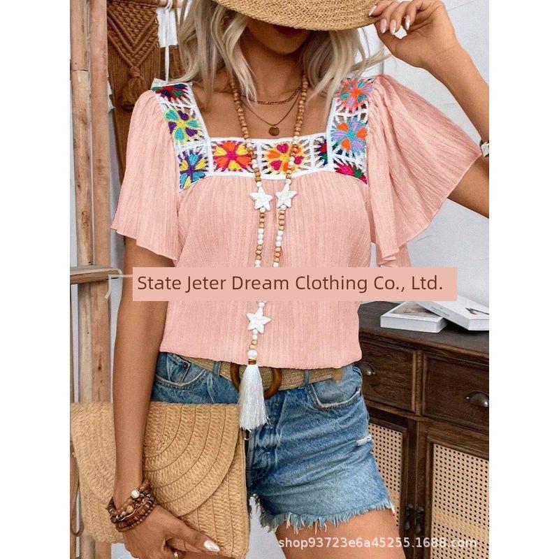 

Square Neck Crochet Hollow Flower Top Square Collar Crochet Hollow Flower Tops Casual Pink S