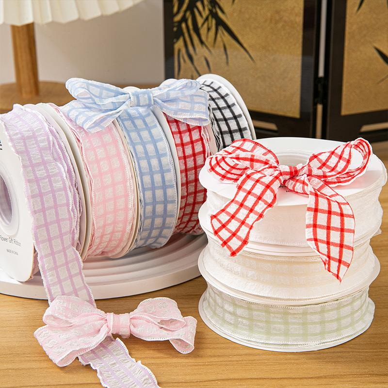 10yards Polyester For Dress Skirts Pleated Ribbon 2.5cm Gift Bow DIY Puff Wave Edge Colorful Cake Box Ribbon Plaid Satin Ribbons