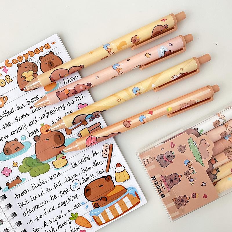6Pcs Kawaii Cute Capybara Gel Pen Quick-Drying Writing Smooth Pen Cartoon Pressing Neutral Pen School Supplies Stationery