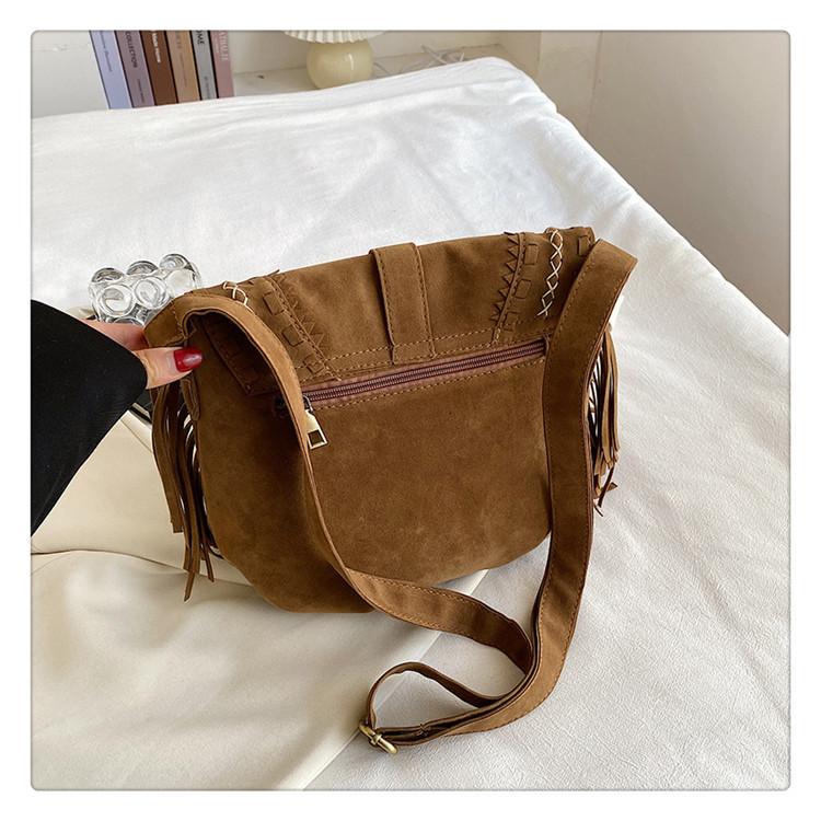 Tassel Bag Brown Retro Western Denim Bag Niche Ethnic Bohemian Messenger Bag Women's Trendy Shoulder Bag