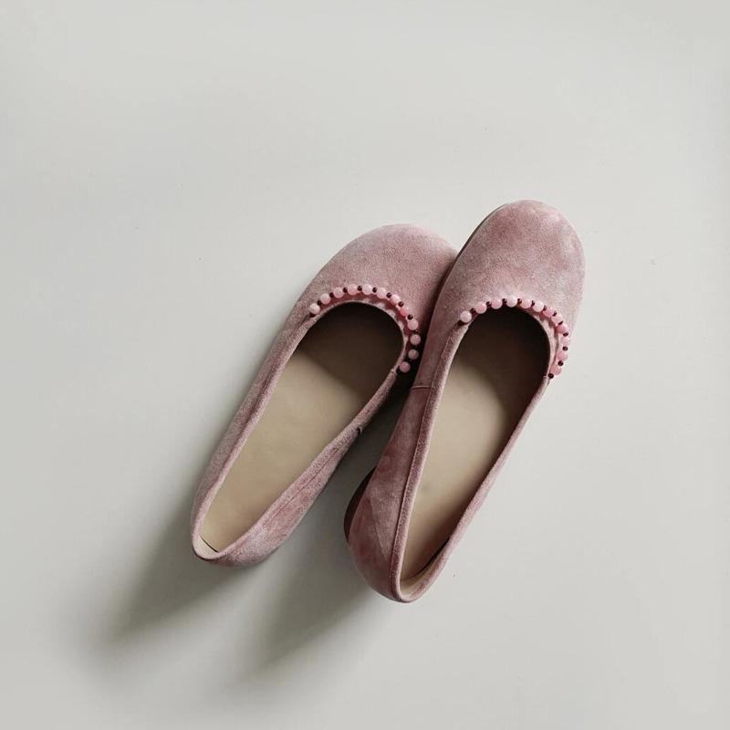 Retro Shallow Leather Small Single Shoes Women's One-pedal Round Head Grandma Shoes Beaded with Skirt Flats