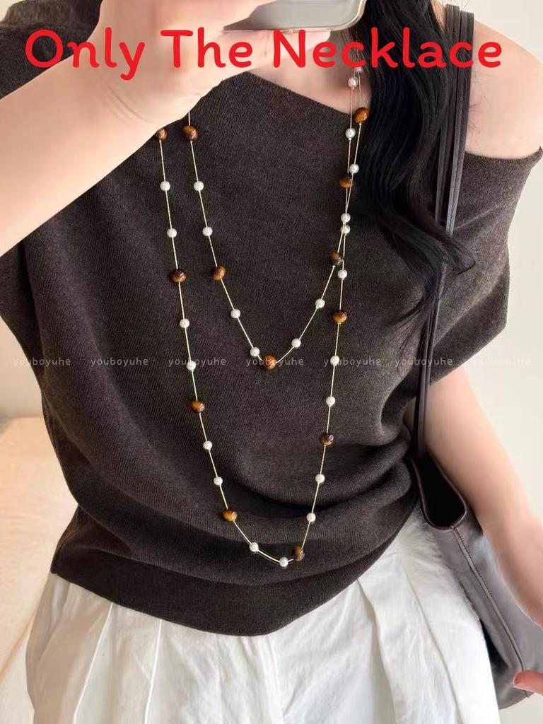 Long Starry Pearl Necklace For Women With Geometric Titanium Chain For Elegant Occasions