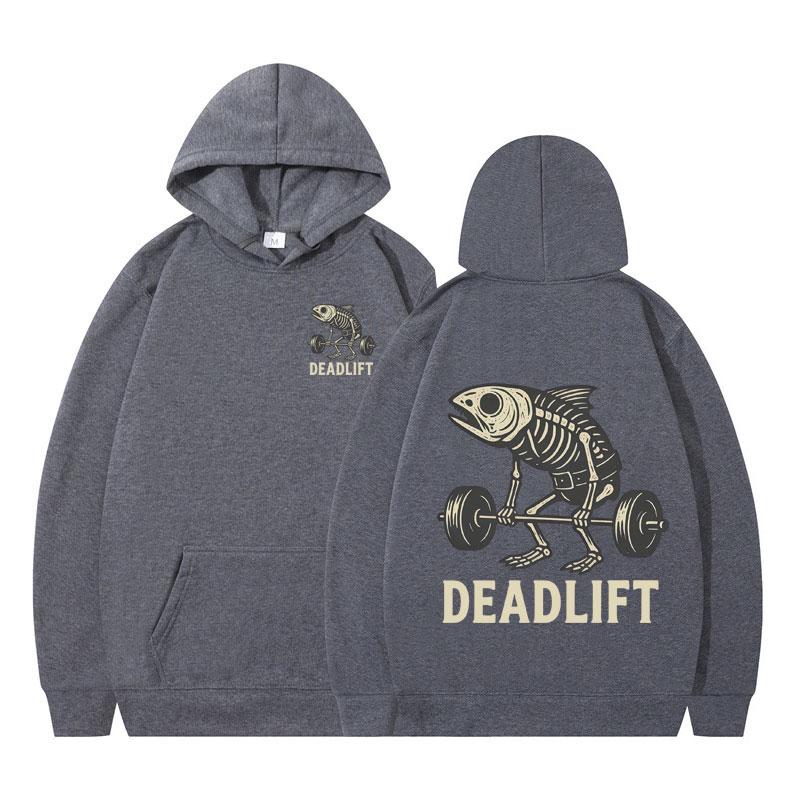 Fish Skeleton Deadlift Fish Bone Gym Workout Vintage Graphic Hoodie Men Women Winter Long-sleeved Fashionable Casual Sportswear