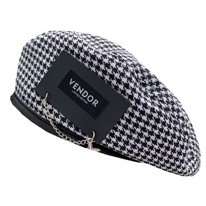 Stylish Houndstooth Japanese Beret Hat For Women With Unique Metal Patch
