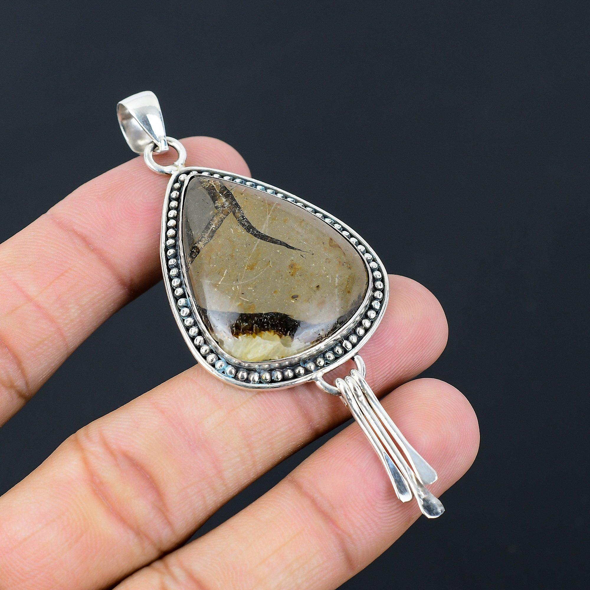 Friendship Day Deal 925 Sterling Silver Pear Natural Septarian Pendant Jewelry