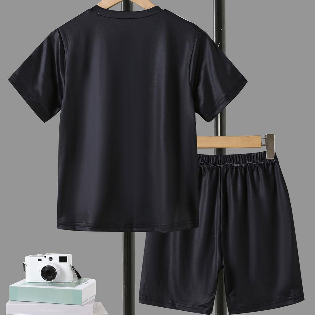 2 Pieces Boy Teens Summer Dynamic Fashion Black Red Spider Print Light Crewneck Pocket Shorts Casual Set