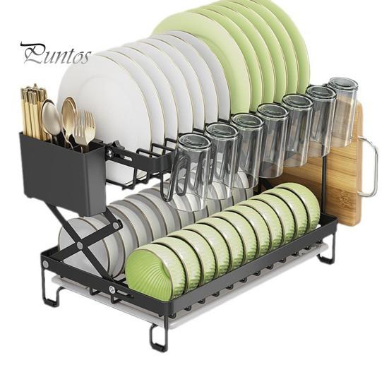 Drain Dish Rack with Wine Glass Holder Strong Load-bearing Height Adjustable 2-Tier Kitchen Counter Drying Rack Utensil Holder