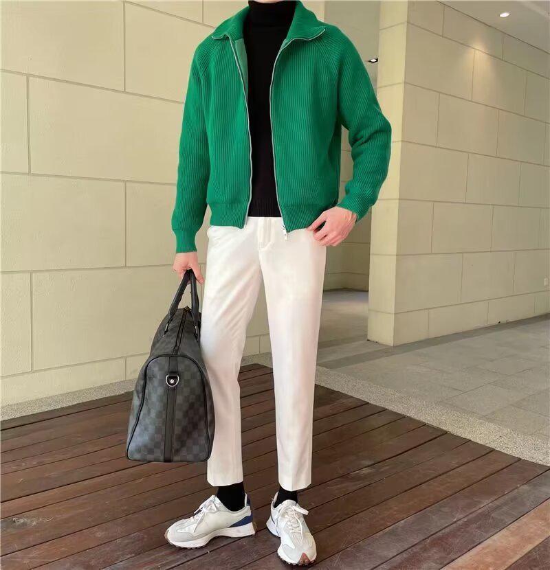 

Korean Style Men s Warm Knit Stand Collar Sweater Jacket for Autumn/Winter M зелений