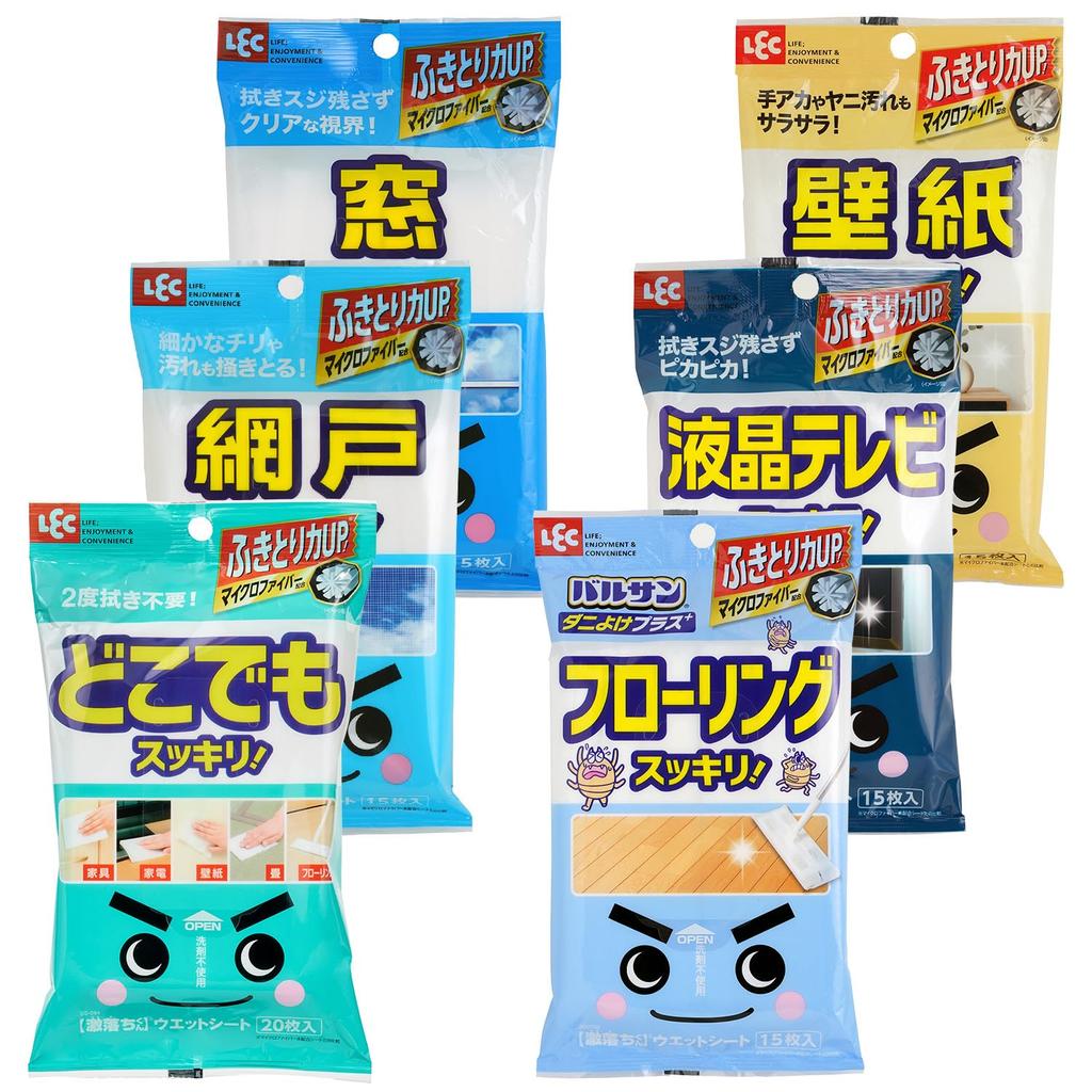 LEC Clean Wipes Super Cleaning Assorted Pack of for LCD and Flooring Dust Mite Repellent Eucalyptus Scent Sheets, 6, Windows, Screens, Wallpaper,