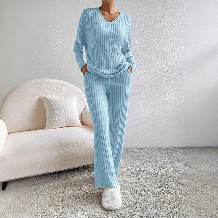 2025 Autumn Women's Cross-border Casual V-neck Rib-knit Set with Loose Straight-leg Pants
