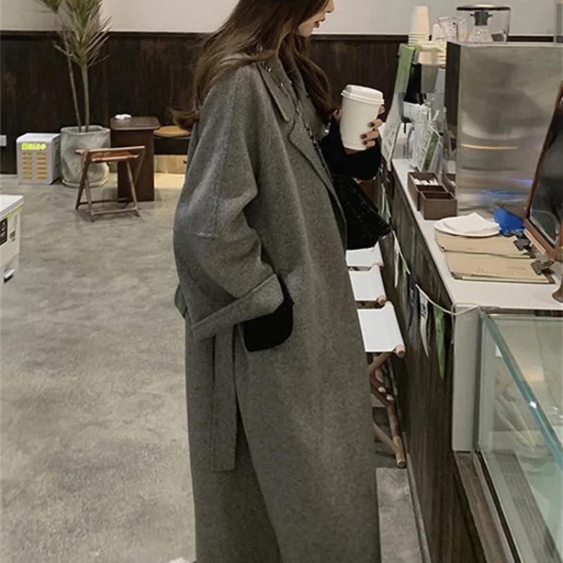 Cotvotee Lace Up Wool Coat Women Autumn Winter 2026 New Fashion Turn Down Collar Long Coats Vintage Casual Long Sleeve Jackets