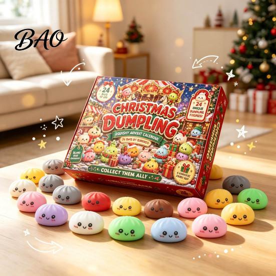 Christmas Advent Calendar Cartoon Dumpling Gift Box, Xmas with 24 Stress Days Countdown Box Relief Squeeze Toys, Steamed Bun Toy