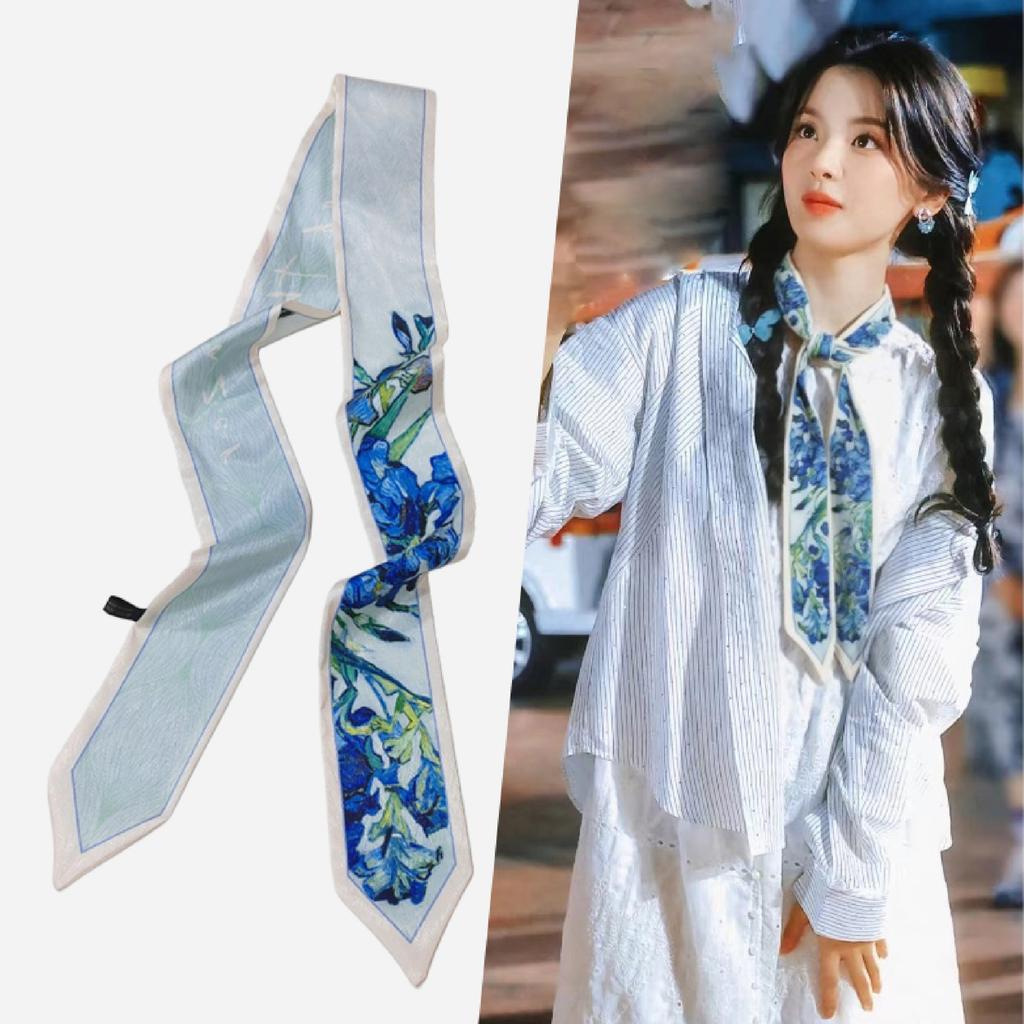 French green small long narrow silk scarf women's spring and autumn pointed corner tied bag ribbon braided hair band headgear scarf streamer belt