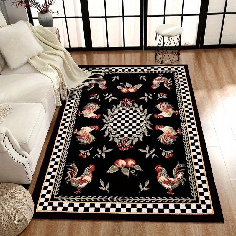 Festive Black and White Rooster Pattern Rug, Soft and Durable Area Mat for Home and Office Decor