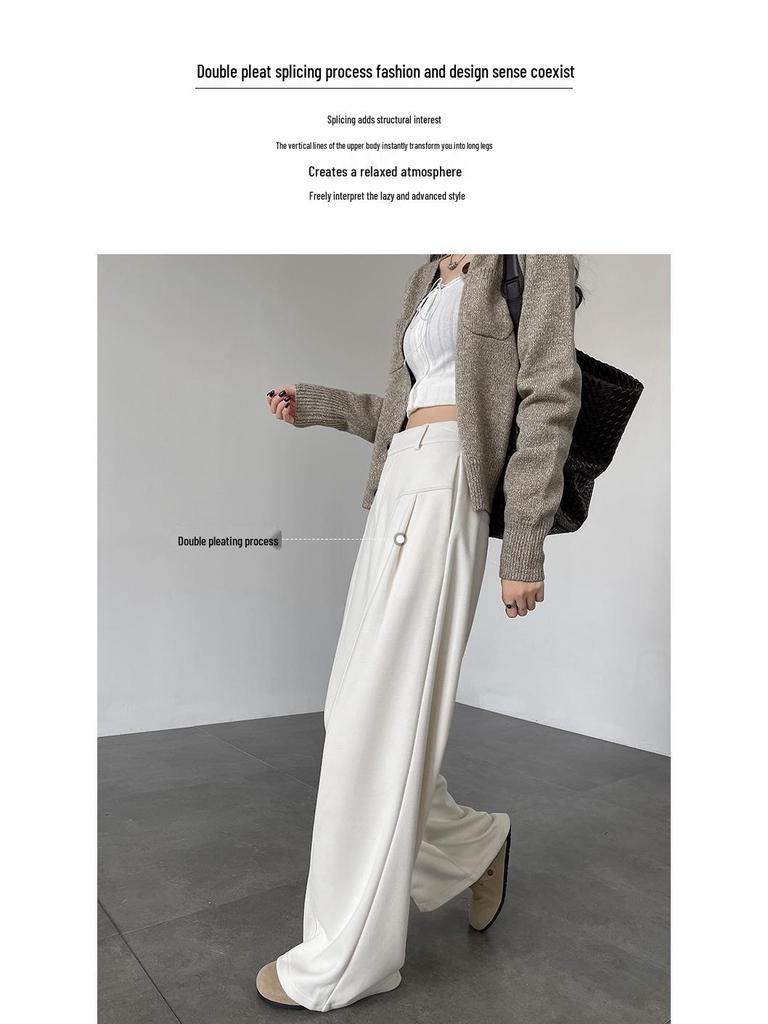 Aixuan Off-White Wool Wide-Leg Casual Pants - Women's High-End Straight-Leg Draped Pants for Autumn 2025