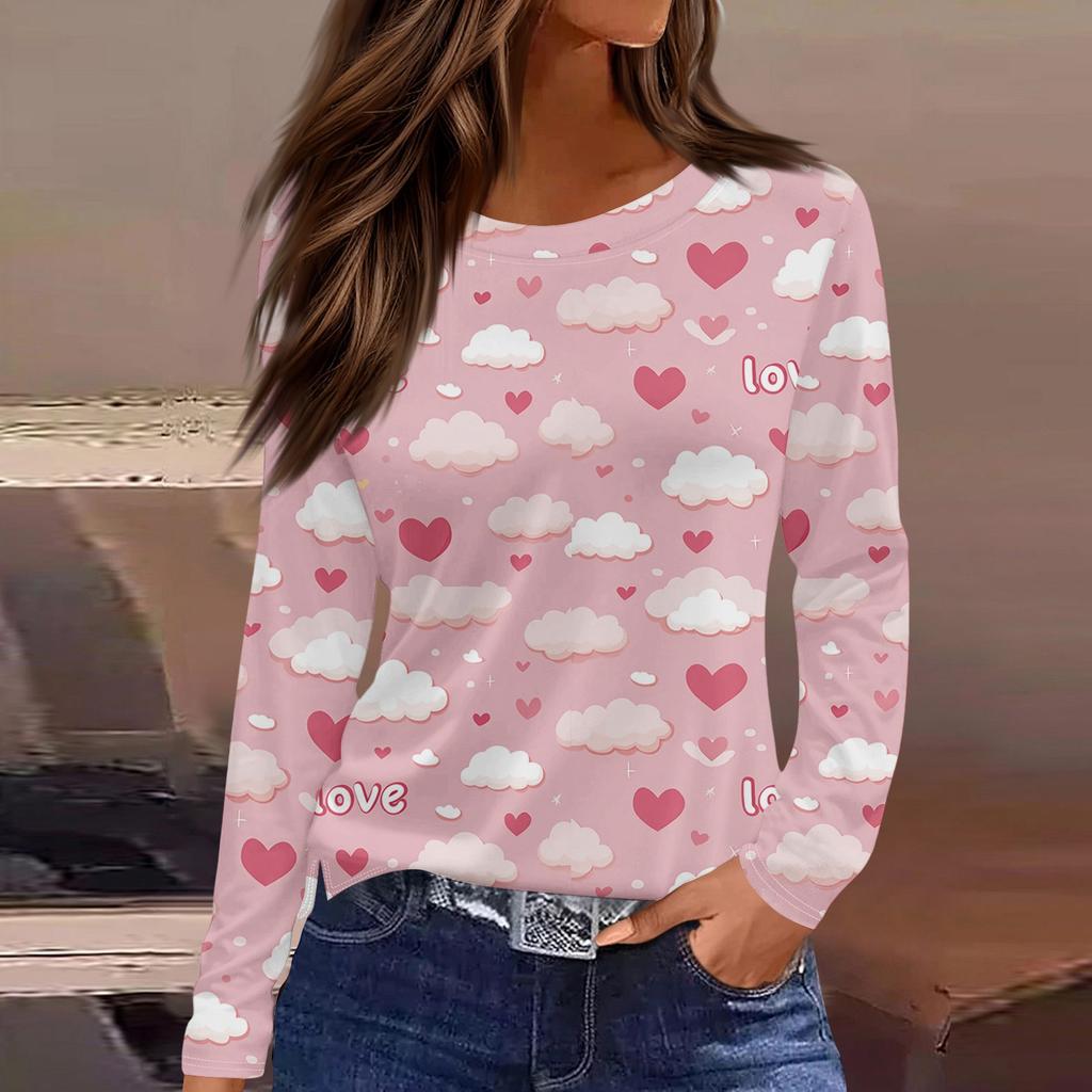 Damen Modisches Langarm-Rundhals-Oberteil mit Schlitzsaum und Valentinstag-Herzprint