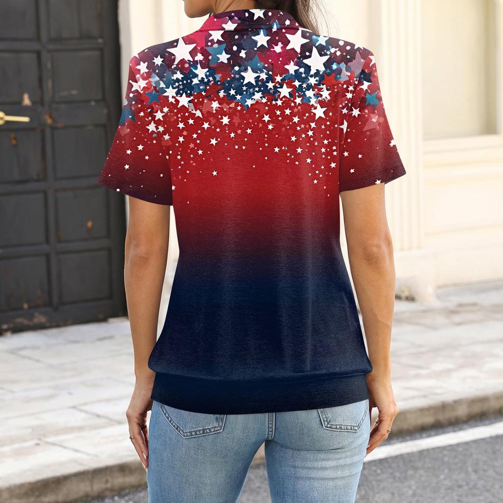 Women's Casual Short Sleeve Collared Shirt Independence Day Stars and Stripes Print V Neck Top for Summer