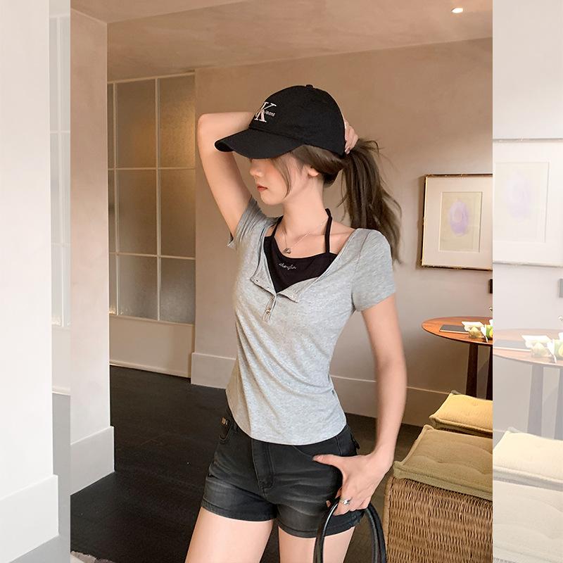 Navy Blue Fake Two-piece Neck Sling Short-sleeved T-shirt Women's Summer New Design Slim-fitting Short Top
