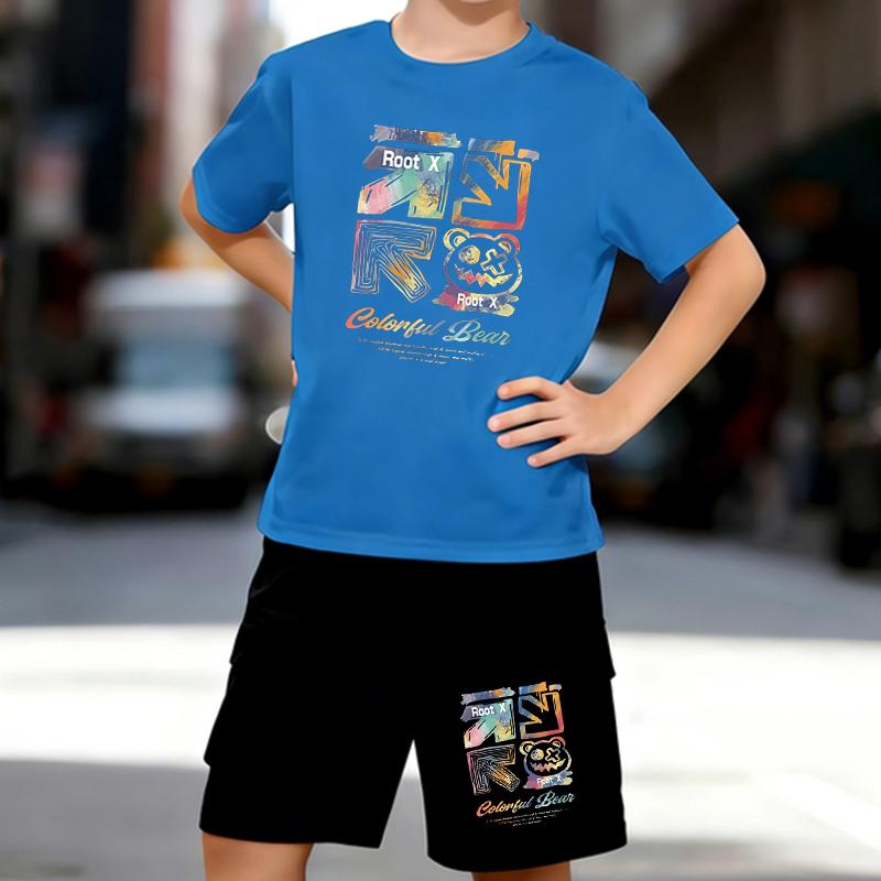 Boys 2 Piece Colorful Graffiti Printed outfit, Short Sleeve T-Shirt and Shorts Set for Kids Age 5-14,Black ,White Sporty Casual Summer Clothes