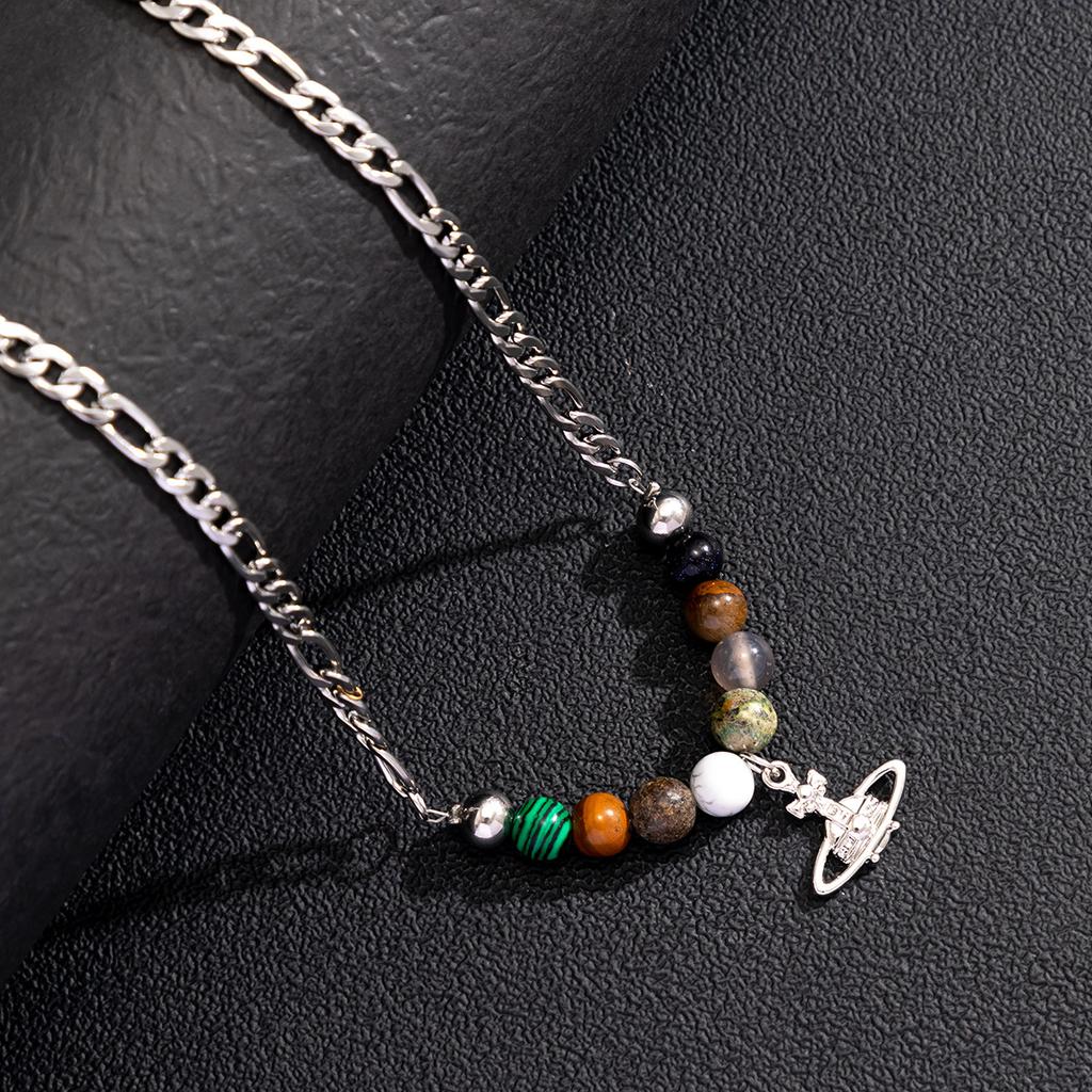 Stainless Steel Planet Necklace for Men, Hip-Hop Niche Design, Simple Beaded Collarbone Chain for Men